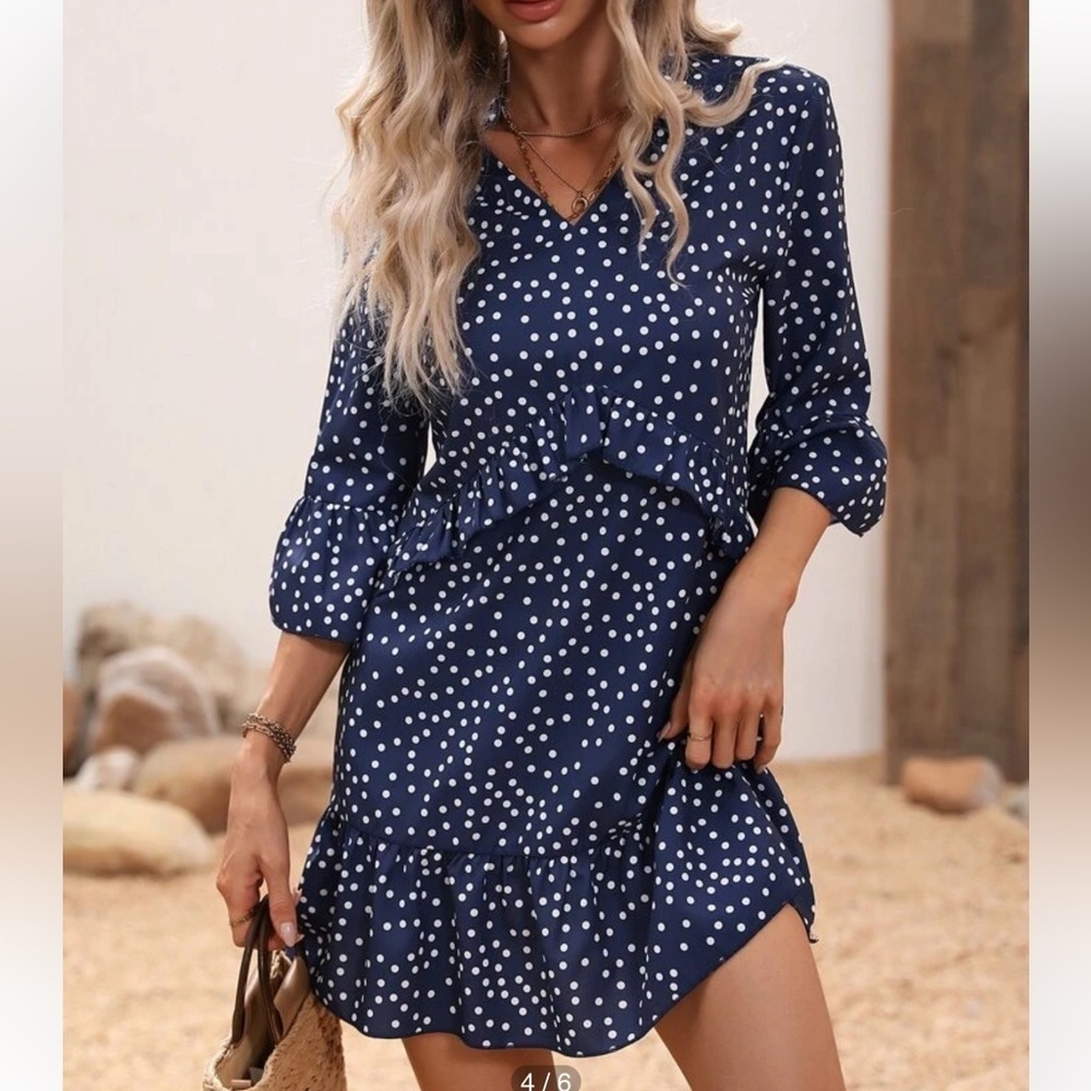 SHEIN Navy/White Polka Dot Print Flounce Sleeve Ruffle Hem Smock Dress - Picture 3 of 13